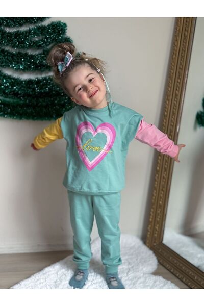 aysimakids GIRL'S PRINTED AND CHAIN EMBROIDERED -LOVE- DOUBLE SET