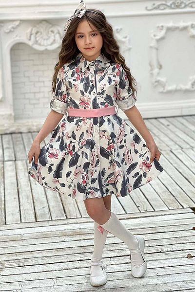 Riccotarz Girl's Stone Button Detailed Shirt Collar Floral White Dress