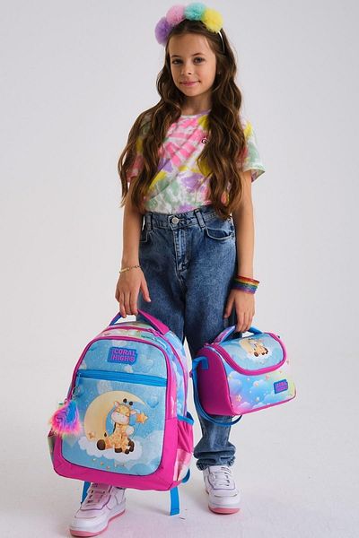 Coral High Set de geanți de școală pentru copii, 3 piese, cu model girafe albastre, roz - SET0123479