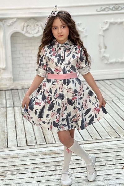 Riccotarz Girl's Stone Button Detailed Shirt Collar Floral White Dress