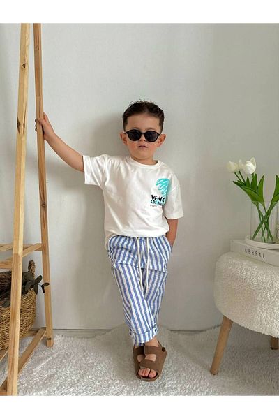 wiizy kids Boy's Linen Suit - Printed and Striped Detail