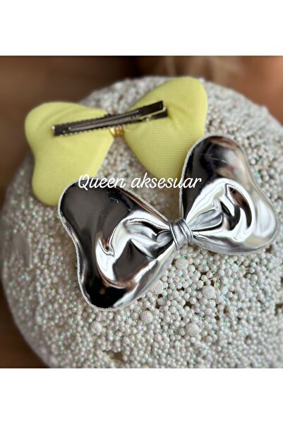 QUEEN AKSESUAR Metallic silver gray shiny mirrored large bow with collet buckle women's children's buckle special day party invitation