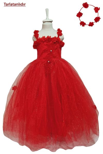 Mashotrend Floral Glitter Printed Tartalan Children's Evening Dress - Fluffy Children's Dress + Crown - Girl's Dress