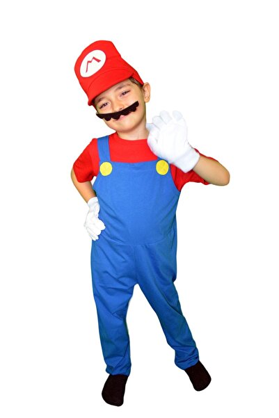 Güzin Fashion Süper Mario Kostümü Pamuk Kumaş Şapka Bıyık Eldiven Tulum Body 6 Parça