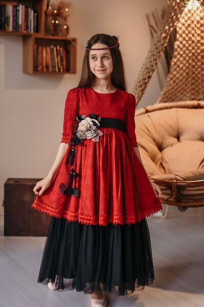 MIALORA EXCLUSIVE Özel Tasarım Kız Çocuk Elbise, Kırmızı-siyah, Duvaklı Pamuk Brode Ve Tül Detaylı Uzun Şık Elbise