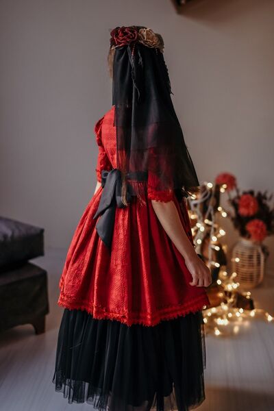 MIALORA EXCLUSIVE Özel Tasarım Kız Çocuk Elbise, Kırmızı-siyah, Duvaklı Pamuk Brode Ve Tül Detaylı Uzun Şık Elbise