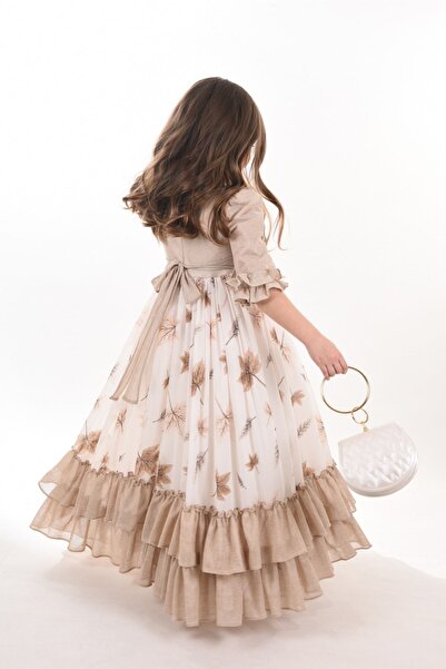 MIALORA EXCLUSİVE By Emel Ebru Özdemir Özel Tasarım, Yaprak Desenli Kız Çocuk Uzun Elbise, Çantalı Kız Çocuk Mezuniyet Elbisesi.