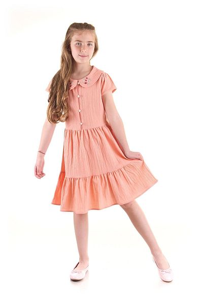 AHENGİM Rochie Brodata Fete - Guler Nasturi, Bumbac Ak2523