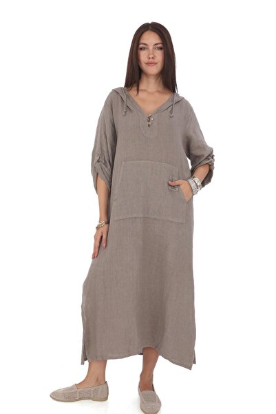 Bohem Stil Bohomian λινό φόρεμα με τσέπες και καπέλο