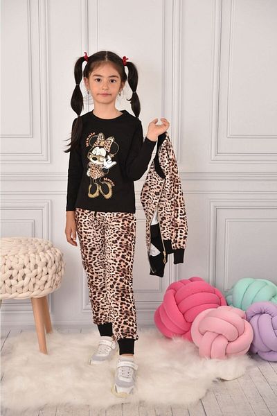 PICCALİLLY Minnie Leopard Patterned Zippered Cardigan - Black Sweatshirt - Pocket Tracksuit Bottom 3-Piece Set