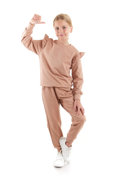 AHENGİM Kids Kız Çocuk Fırfır Detaylı Trend Eşofman Takımı Pamuklu Ak2515