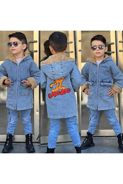 EFE KIDS Erkek Çocuk İçi Peluş Dışı Kot Garfield Nakışlı Çocuk Mont'u