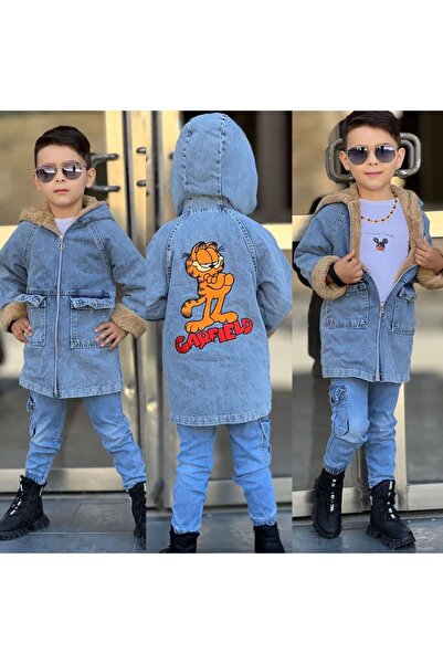 EFE KIDS Erkek Çocuk İçi Peluş Dışı Kot Garfield Nakışlı Çocuk Mont'u