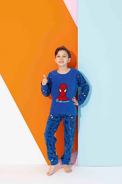 Tarık Set de pijamale din țesătură fleece cu imprimeu păianjen albastru pentru băieți și copii - mânecă lungă, caldă