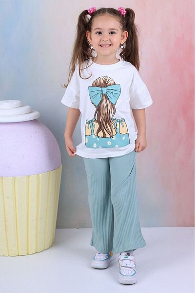 tunays shopping Girl's Spanish Leg Ribbed Tights and Oversize Printed T-shirt Set