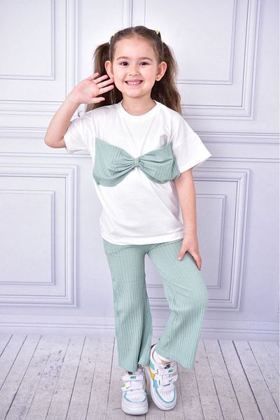 tunays shopping Girl's Bow Detailed Top and Bottom Set