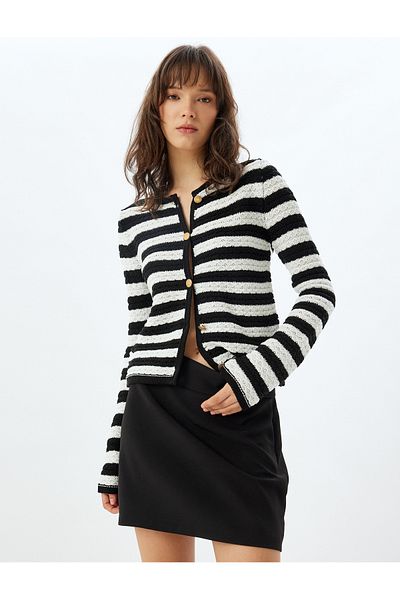 Koton Gold Buttoned Round Neck Long Sleeve Knitted Cardigan