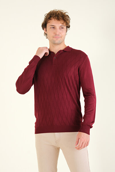 Giyim Dünyası Claret Red Men's Polo Collar Mercerized Sweater - Diamond Pattern