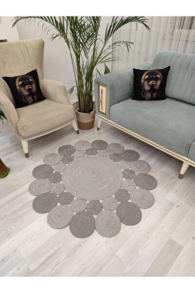 bestiva jüt Hasır görünümlü Desenli Modern El Örgüsü Daire Halı Kilim