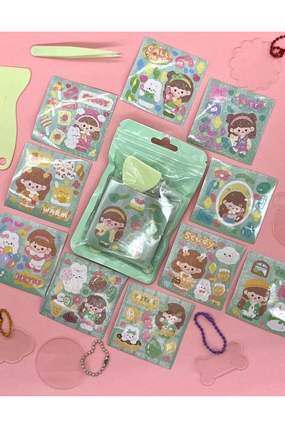 Kağıt Gemi Dükkan Design Your Own Keychain With Cute Girl 23 Piece Green Sticker Set / Keychain / Bullet Journa