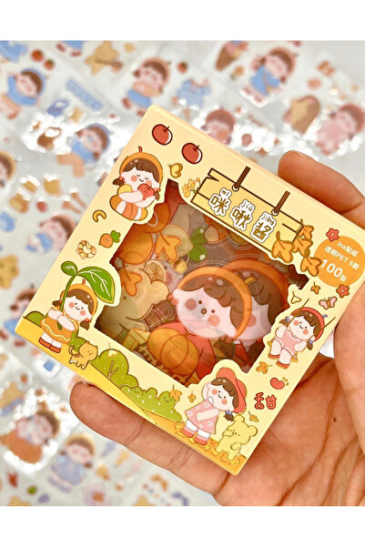 Kağıt Gemi Dükkan Sevimli Kız Ayıcık Sonbahar 100 Yaprak 500 Adet Mini Kutu Şeffaf Pet Sticker Seti/Etiket/Çıkartma