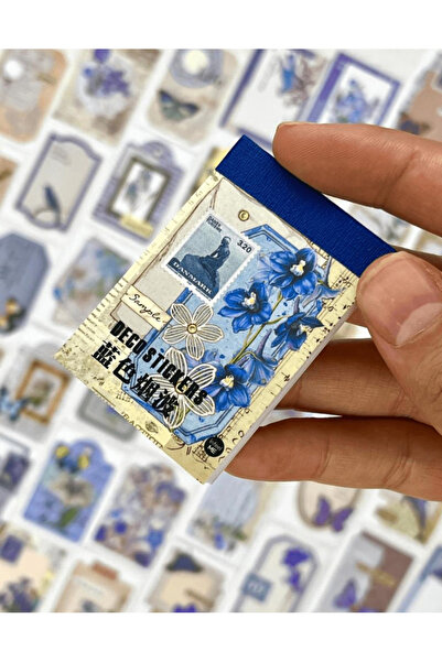 Kağıt Gemi Dükkan Vintage Çiçek Lacivert 50 Yaprak Defter Sticker / Etiket/ Çıkartma / Bullet Journal / Defter Süsleme