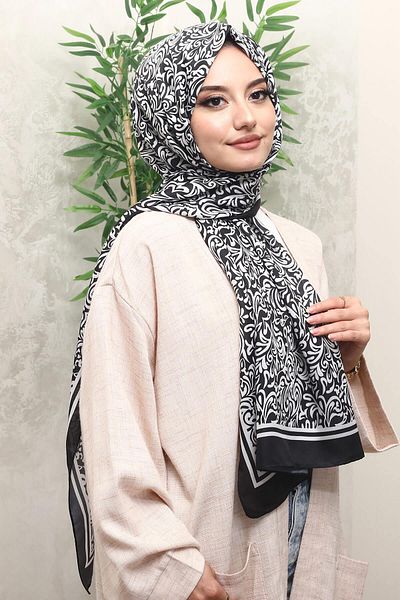 AFVENTE شال منقوش من القطن الناعم باللون الأسود