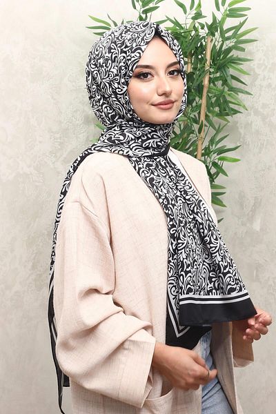 AFVENTE شال منقوش من القطن الناعم باللون الأسود