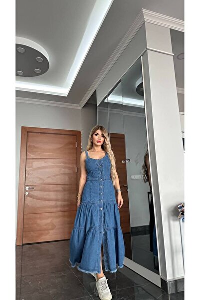 Butik YENİ SEZON KOT ELBİSE DÜĞMELİ SIRT DEKOLTELİ BAĞCIK DETAYLI