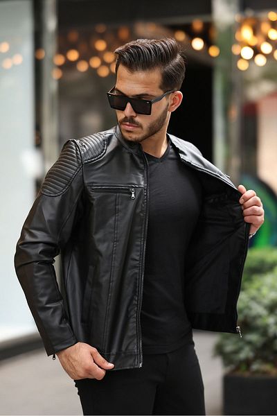gm giyimarket Μαύρο ανδρικό δερμάτινο μπουφάν Slim Fit