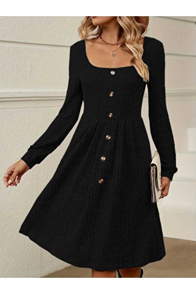 Kokosh moda Kadın Kare Yaka Düğme Detaylı Midi Elbise