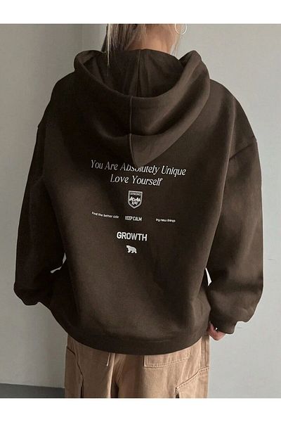 PALPİTO Brown Calm Growth 3 Thread Hooded Hoodie Sweatshirt - Printed