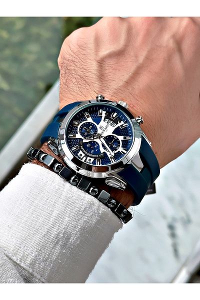 Reward Sports Style Navy Blue Silicone Men's Wristwatch - Functional