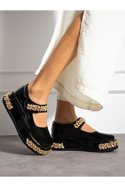 Alemdar Shoes Черни лачени кожени мокасини VORD - Дамски обувки с каменни детайли