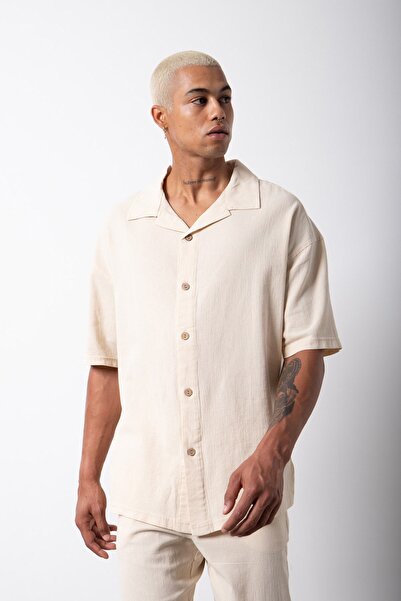 Machinist oversized Κοντομάνικο λινό πουκάμισο πέτρα