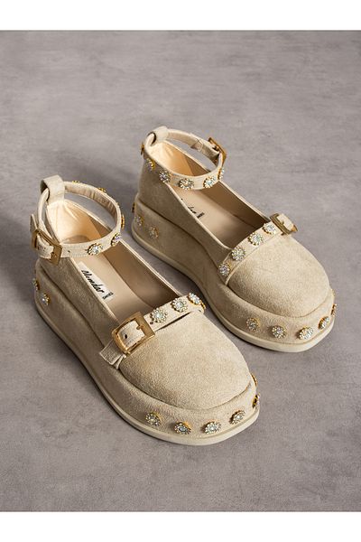 Alemdar Shoes Γυναικείο Loafer Ellen με λεπτομέρεια από κρεμ σουέντ πέτρα