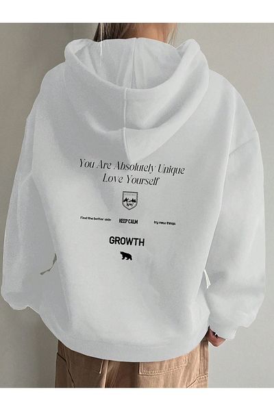 PALPİTO White'Calm Growth' Printed Women's Hoodie Sweatshirt - 3 Thread Hooded