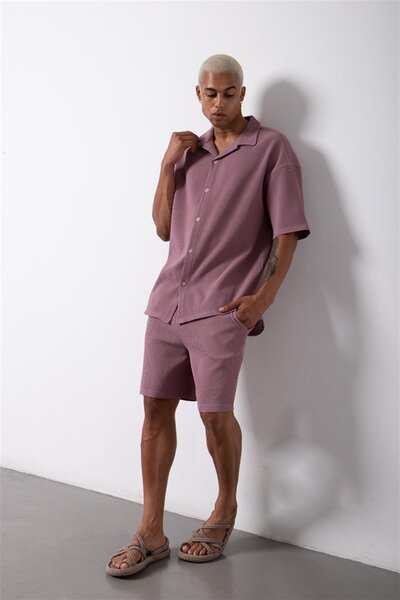 Machinist Ανδρικό κοντομάνικο υπερμεγέθη λιλά πουκάμισο