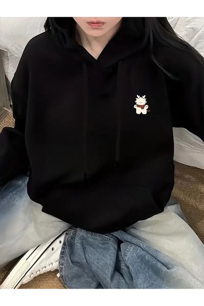 PALPİTO Black Plush Printed 3 Thread Hooded Women's Hoodie Sweatshirt