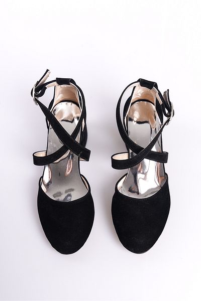 Pabrik New Season - Black Suede Girls' Heeled Shoes, Cross Buckle