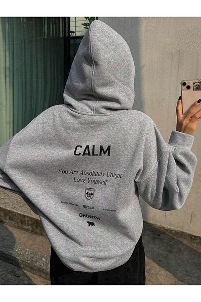 PALPİTO Gray Calm Growth Printed Women's Hoodie - 3 Thread Hooded Sweatshirt