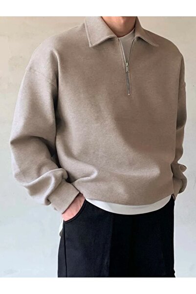 COMBİNE MİCHAİL Erkek Polo Yaka Yarım Fermuarlı Sweatshirt BEJ