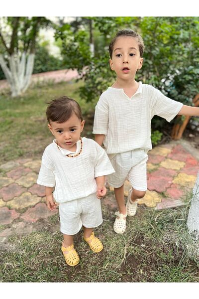 BAHNUR KREM BEBEK ÇOCUK KIZ ERKEK UNiSEX MÜSLiN ALT ÜST TAKIM YAZLIK BOHEM