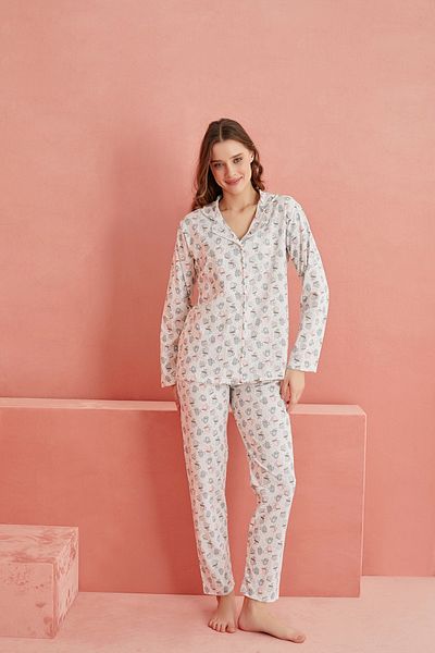 ELİTOL Long Sleeve Ecru Knitted Pajama Set - Cup Pattern and Buttoned Front