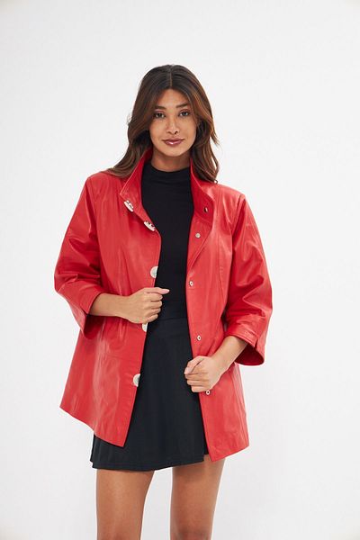 gorgitino Women's Genuine Leather jacket Red Color Bat Sleeve Front Snap Fastener