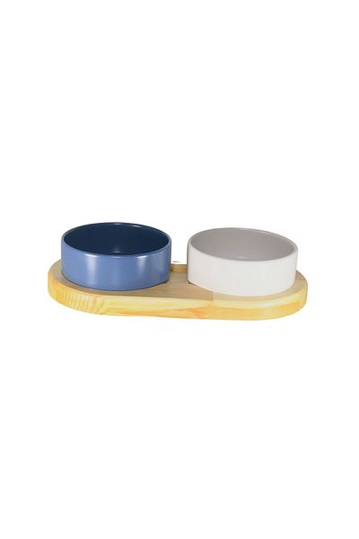 Yılmazel Cat Dog Double Chamber Food Water Bowl Modern Design Made of Natural Wood and Ceramic