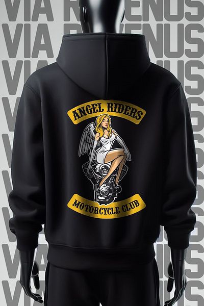 Vordevia Hanorac negru cu glugă Angel Riders - 3 fire, potrivire largă, imprimat față și spate