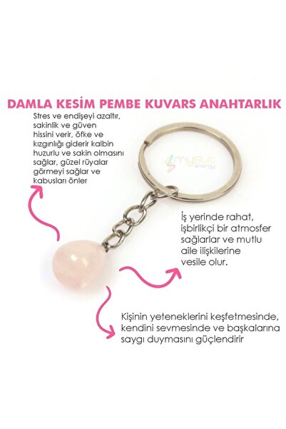 Mystic Energy Doğal Taş Pembe Kuvars Taşı Damla Kesim Anahtarlık | Hediyelik ...