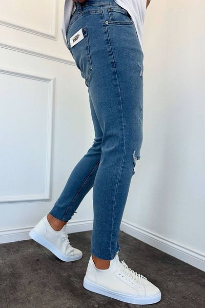 MADZEYMODA Ανδρικό μπλε τζιν με σκισίματα με λεπτή εφαρμογή - Τζιν παντελόνι Full Lycra New Season