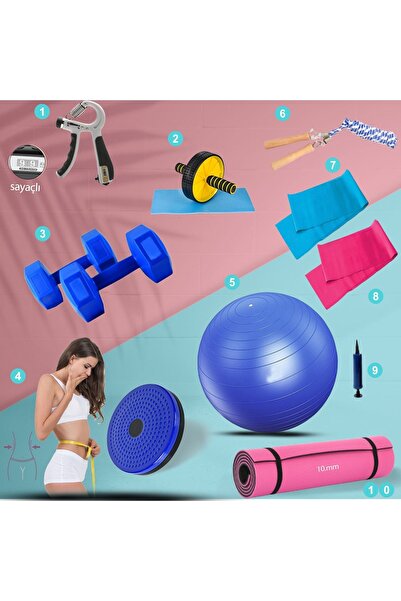 Hsport Unisex Pilates Yoga Ve Fitness Seti 10 Parça Gold Ev Paket Dambıl, Mat,plates Topu,el Yayı,ip,lastik